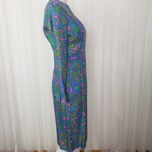 Vintage Sue Brett vibrant paisley dress blue green pink ruffle hem cuff 70s gorg - Picture 7 of 14